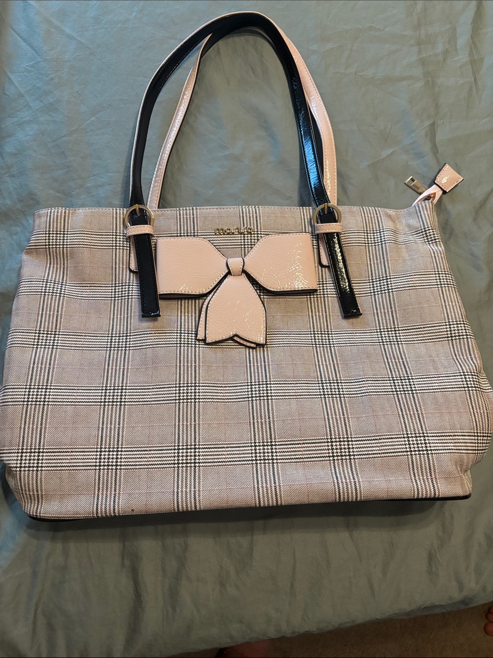 Pink Plaid Laptop Tote with Black Trim and Bow